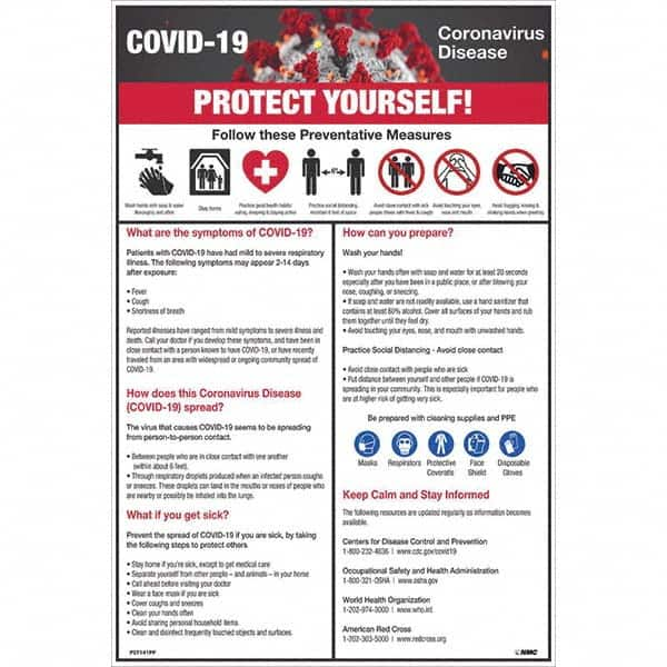 NMC - 1 5-Piece "COVID-19 - PROTECT YOURSELF!", 12" Wide x 18" High, Paper Safety Sign - Exact Industrial Supply