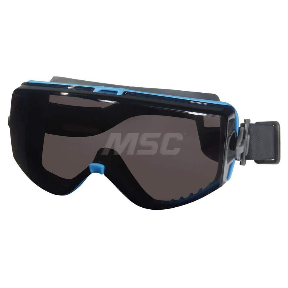 Safety Goggles: Chemical Splash Dust & Particulates, Anti-Fog, Gray Polycarbonate Lenses Indirect Vent, Blue Frame, Size Universal