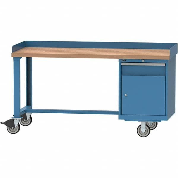 Workbench Top Mobile Work Center: 30″ OAD, 1 Drawer Steel Body, Butcher Block Top, Bright Blue