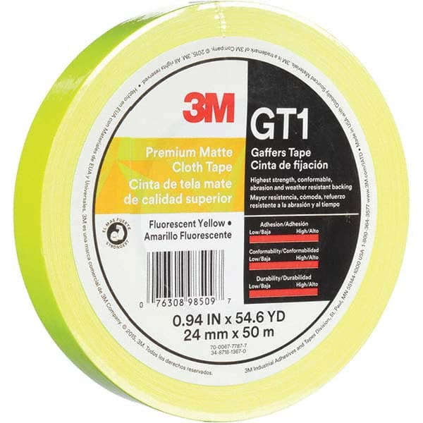 3M - 50m x 24mm x 11 mil Fluorescent Yellow Cotton Cloth Gaffers Tape - Exact Industrial Supply