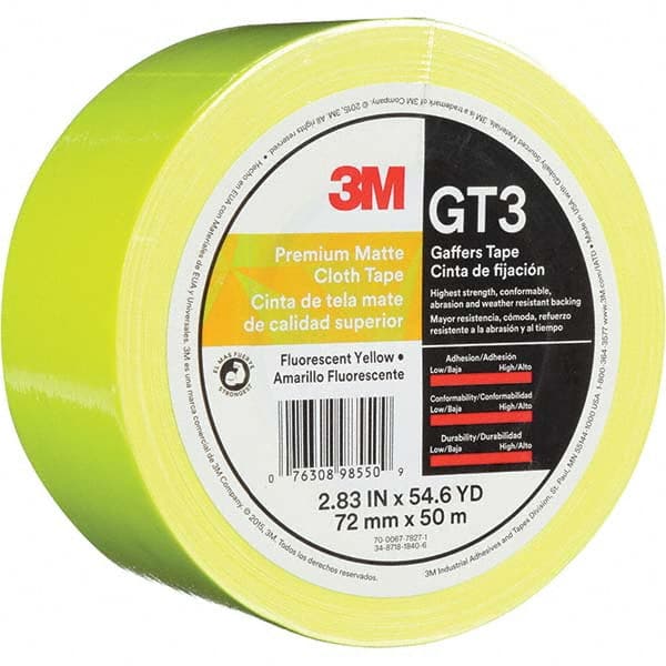 3M - 50m x 72mm x 11 mil Fluorescent Yellow Cotton Cloth Gaffers Tape - Exact Industrial Supply