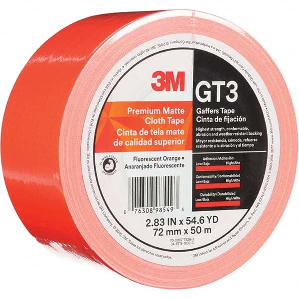 3M - 50m x 72mm x 11 mil Fluorescent Orange Cotton Cloth Gaffers Tape - Exact Industrial Supply