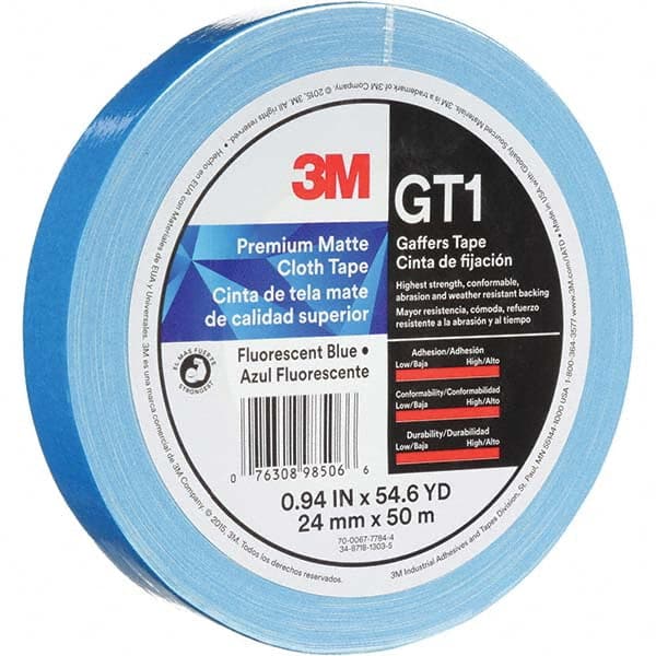 3M - 50m x 24mm x 11 mil Fluorescent Blue Cotton Cloth Gaffers Tape - Exact Industrial Supply