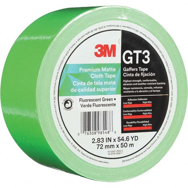 3M - 50m x 72mm x 11 mil Fluorescent Green Cotton Cloth Gaffers Tape - Exact Industrial Supply
