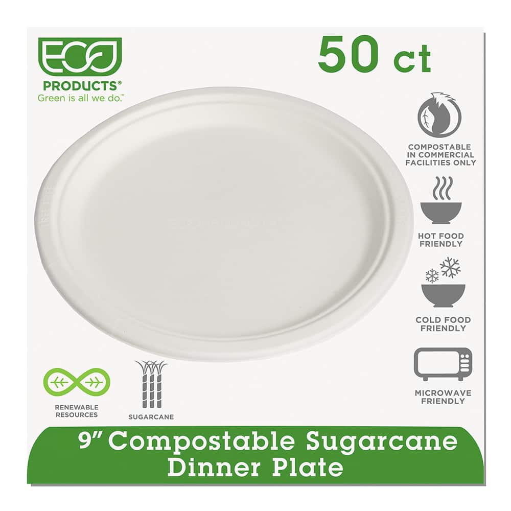 ECO PRODUCTS - Paper & Plastic Cups, Plates, Bowls & Utensils; Breakroom Accessory Type: Plates ; Breakroom Accessory Description: Dinnerware-Plate; Bagasse ; Color: White - Exact Industrial Supply