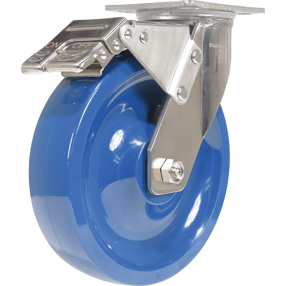 Vestil - Standard Casters; Mount: With Holes ; Style: Swivel w/Total Brake ; Wheel Diameter: 8 (Inch); Wheel Width: 2 (Inch); Overall Height (Inch): 9-1/2 ; Load Capacity (Lb.): 1250.000 - Exact Industrial Supply