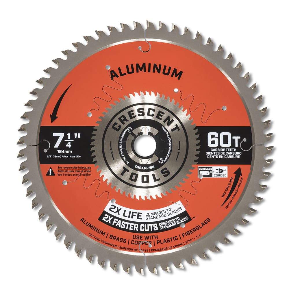 Wet & Dry Cut Saw Blade: 7-1/4″ Dia, 5/8″ Arbor Hole, 0.098″ Kerf Width, 60 Teeth Use on Aluminum Cutting, Round with Diamond Knockout Arbor