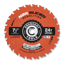 Wet & Dry Cut Saw Blade: 7-1/4″ Dia, 5/8″ Arbor Hole, 0.063″ Kerf Width, 24 Teeth Use on Demolition, Round with Diamond Knockout Arbor