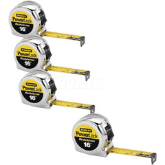 Tape Measure: 16' Long, 1″ Width, Yellow Blade 1/16″ Graduation, Inch Graduation, Silver Case