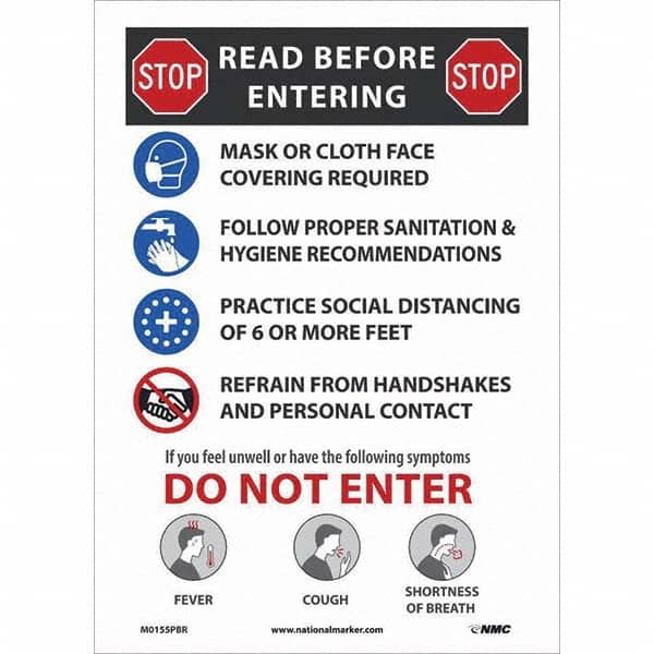 NMC - "COVID-19 - STOP - Read Before Entering", 10" Wide x 14" High, Pressure-Sensitive Vinyl Safety Sign - Exact Industrial Supply