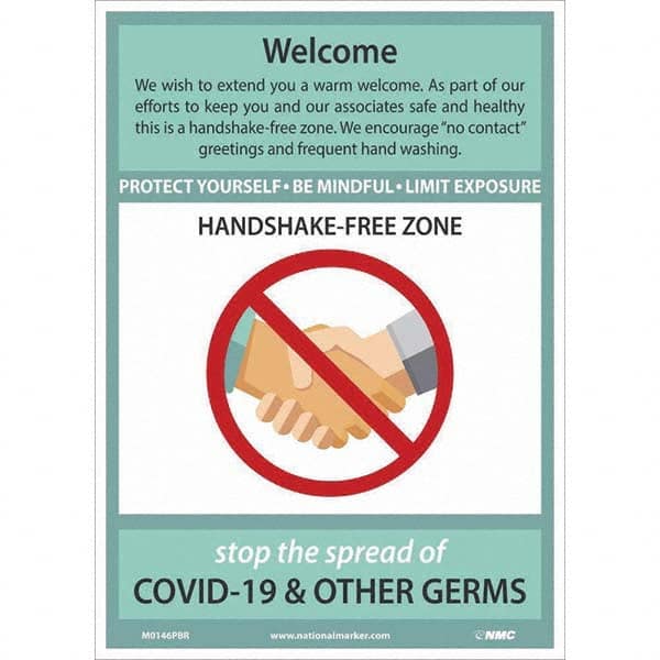 NMC - "COVID-19 - Welcome - Handshake Free Zone", 10" Wide x 14" High, Pressure-Sensitive Vinyl Safety Sign - Exact Industrial Supply