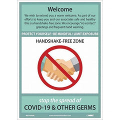 NMC - "COVID-19 - Welcome - Handshake Free Zone", 10" Wide x 14" High, Pressure-Sensitive Vinyl Safety Sign - Exact Industrial Supply