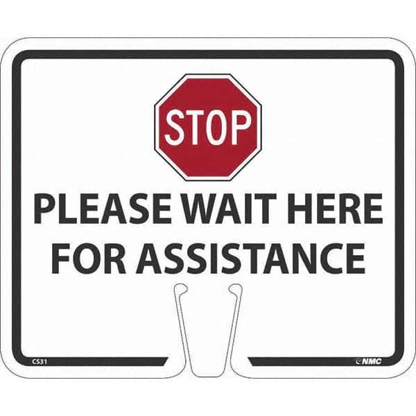 NMC - "Stop - Please Wait Here", 12-5/8" Wide x 10-3/8" High, Rigid Plastic Safety Sign - Exact Industrial Supply