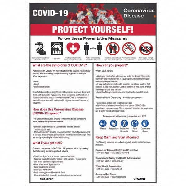 NMC - "COVID-19 - PROTECT YOURSELF!", 10" Wide x 14" High, Pressure-Sensitive Vinyl Safety Sign - Exact Industrial Supply