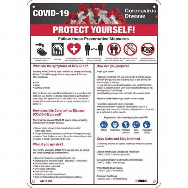 NMC - "COVID-19 - PROTECT YOURSELF!", 10" Wide x 14" High, Rigid Plastic Safety Sign - Exact Industrial Supply