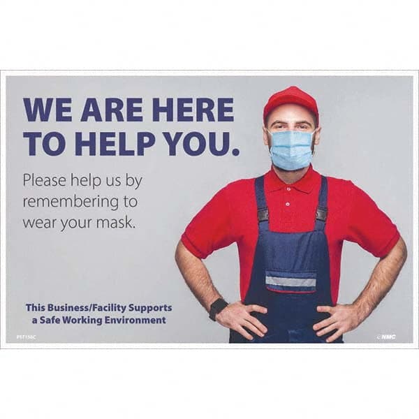 NMC - "COVID-19 - We Are Here To Help You", 18" Wide x 12" High, Vinyl Safety Sign - Exact Industrial Supply