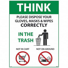 NMC - "COVID-19 - Think - Please Dispose Your Gloves, Masks & Wipes Correctly", 18" Wide x 24" High, Paper Safety Sign - Exact Industrial Supply