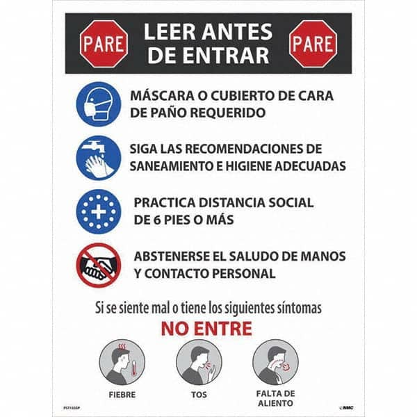 NMC - "COVID-19 - PARE - Leer Antes De Entrar", 18" Wide x 24" High, Paper Safety Sign - Exact Industrial Supply