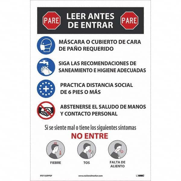 NMC - "COVID-19 - PARE - Leer Antes De Entrar", 12" Wide x 18" High, Paper Safety Sign - Exact Industrial Supply