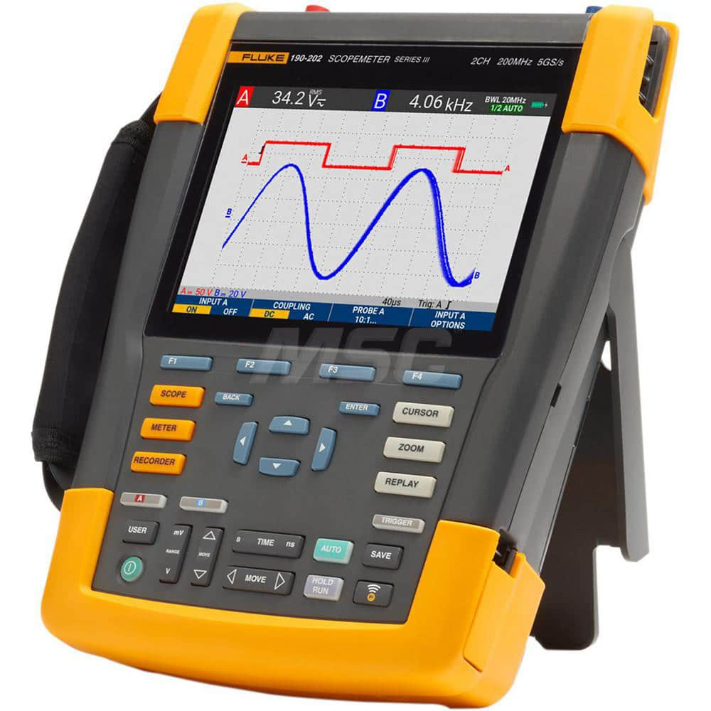 Oscilloscopes; Oscilloscope Type: Portable Oscilloscope; Bandwidth (MHz): 200; Number of Channels: 2; Display Type: LCD; Maximum Vertical Deflection (mV/div): 100; Minimum Vertical Deflection (mV/div): 2; Additional Information: Mfr Catalog Number: FLUKE-