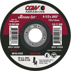 Cut-Off Wheel: Type 27, 5″ Dia, Ceramic Reinforced, 36 Grit, 12250 Max RPM, Use with Angle Grinders