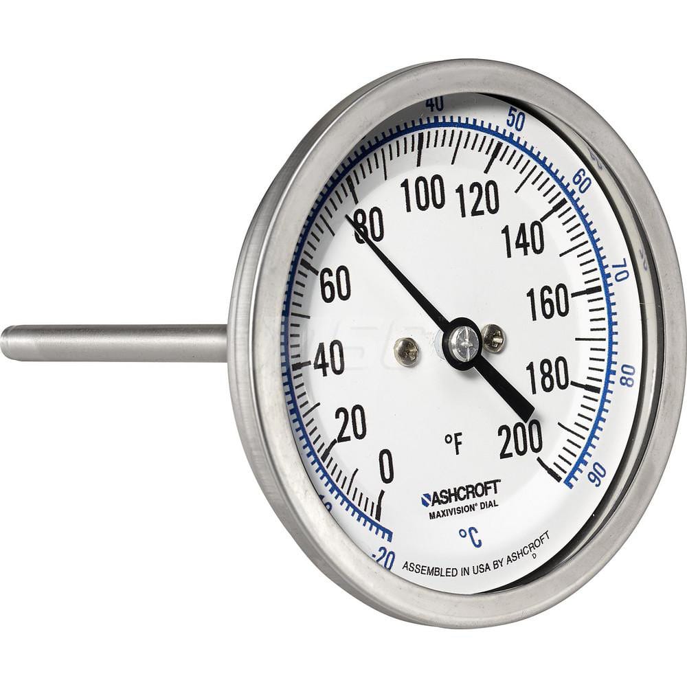 Bimetal & Dial Thermometers; Type: Bi-Metal Thermometer; Mount: Back Connected; Stem Length (Inch): 9; Dial Diameter: 3; Minimum Temperature (F): 0.000; Minimum Temperature (C): -20.00; Maximum Temperature (F): 200.000; Maximum Temperature (C): 93.00; Mat