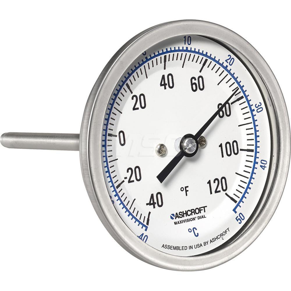 Bimetal & Dial Thermometers; Type: Bi-Metal Thermometer; Mount: Back Connected; Stem Length (Inch): 4; Dial Diameter: 3; Minimum Temperature (F): -40.000; Minimum Temperature (C): -40.00; Maximum Temperature (F): 120.000; Maximum Temperature (C): 50.00; M