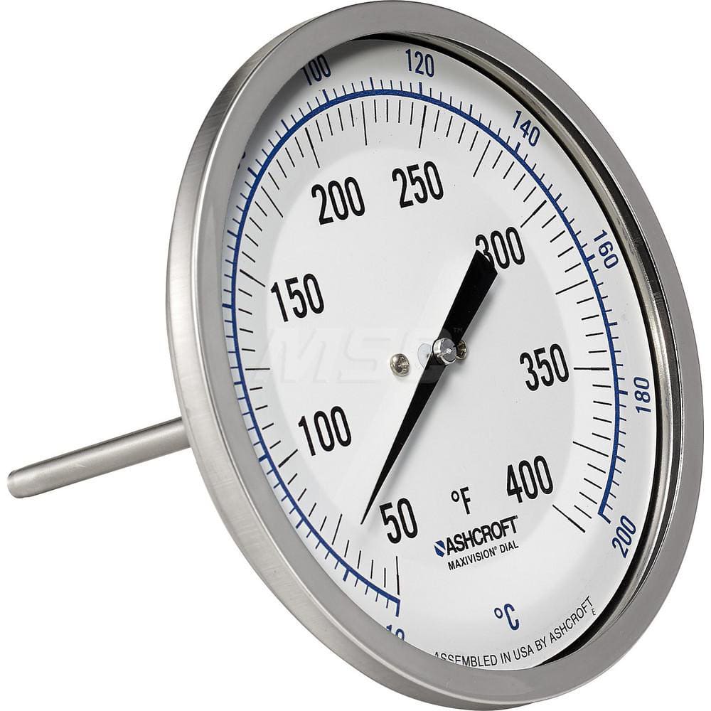 Bimetal & Dial Thermometers; Type: Bi-Metal Thermometer; Mount: Back Connected; Stem Length (Inch): 2-1/2; Dial Diameter: 5; Minimum Temperature (F): 50.000; Minimum Temperature (C): 10.00; Maximum Temperature (F): 400.000; Maximum Temperature (C): 200.00