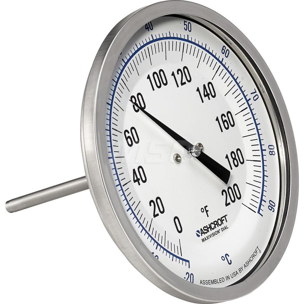 Bimetal & Dial Thermometers; Type: Bi-Metal Thermometer; Mount: Back Connected; Stem Length (Inch): 6; Dial Diameter: 5; Minimum Temperature (F): 0.000; Minimum Temperature (C): -20.00; Maximum Temperature (F): 200.000; Maximum Temperature (C): 93.00; Mat