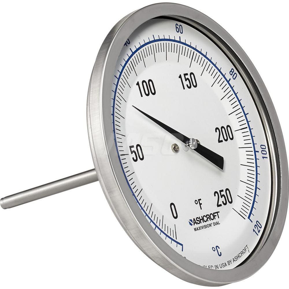 Bimetal & Dial Thermometers; Type: Bi-Metal Thermometer; Mount: Back Connected; Stem Length (Inch): 12; Dial Diameter: 5; Minimum Temperature (F): 0.000; Minimum Temperature (C): -20.00; Maximum Temperature (F): 250.000; Maximum Temperature (C): 120.00; M