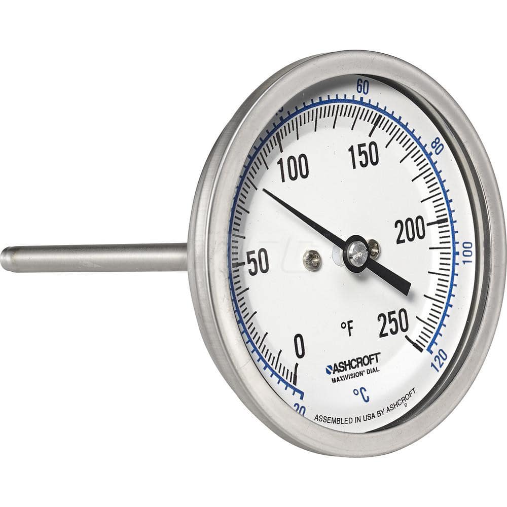 Bimetal & Dial Thermometers; Type: Bi-Metal Thermometer; Mount: Back Connected; Stem Length (Inch): 9; Dial Diameter: 3; Minimum Temperature (F): 0.000; Minimum Temperature (C): -20.00; Maximum Temperature (F): 250.000; Maximum Temperature (C): 120.00; Ma