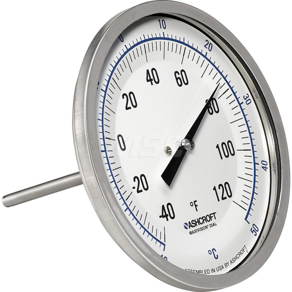 Bimetal & Dial Thermometers; Type: Bi-Metal Thermometer; Mount: Back Connected; Stem Length (Inch): 6; Dial Diameter: 5; Minimum Temperature (F): -40.000; Minimum Temperature (C): -40.00; Maximum Temperature (F): 120.000; Maximum Temperature (C): 50.00; M