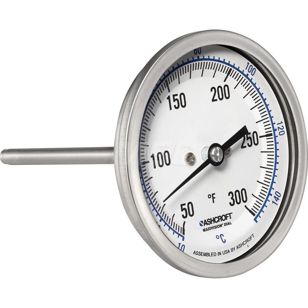 Bimetal & Dial Thermometers; Type: Bi-Metal Thermometer; Mount: Back Connected; Stem Length (Inch): 2-1/2; Dial Diameter: 3; Minimum Temperature (F): 50.000; Minimum Temperature (C): 10.00; Maximum Temperature (F): 300.000; Maximum Temperature (C): 150.00
