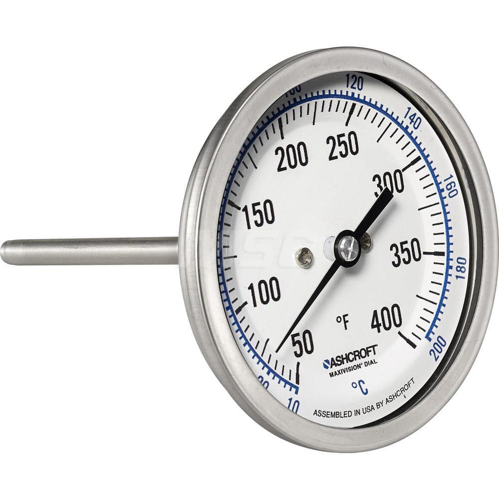 Bimetal & Dial Thermometers; Type: Bi-Metal Thermometer; Mount: Back Connected; Stem Length (Inch): 4; Dial Diameter: 3; Minimum Temperature (F): 50.000; Minimum Temperature (C): 10.00; Maximum Temperature (F): 400.000; Maximum Temperature (C): 200.00; Ma