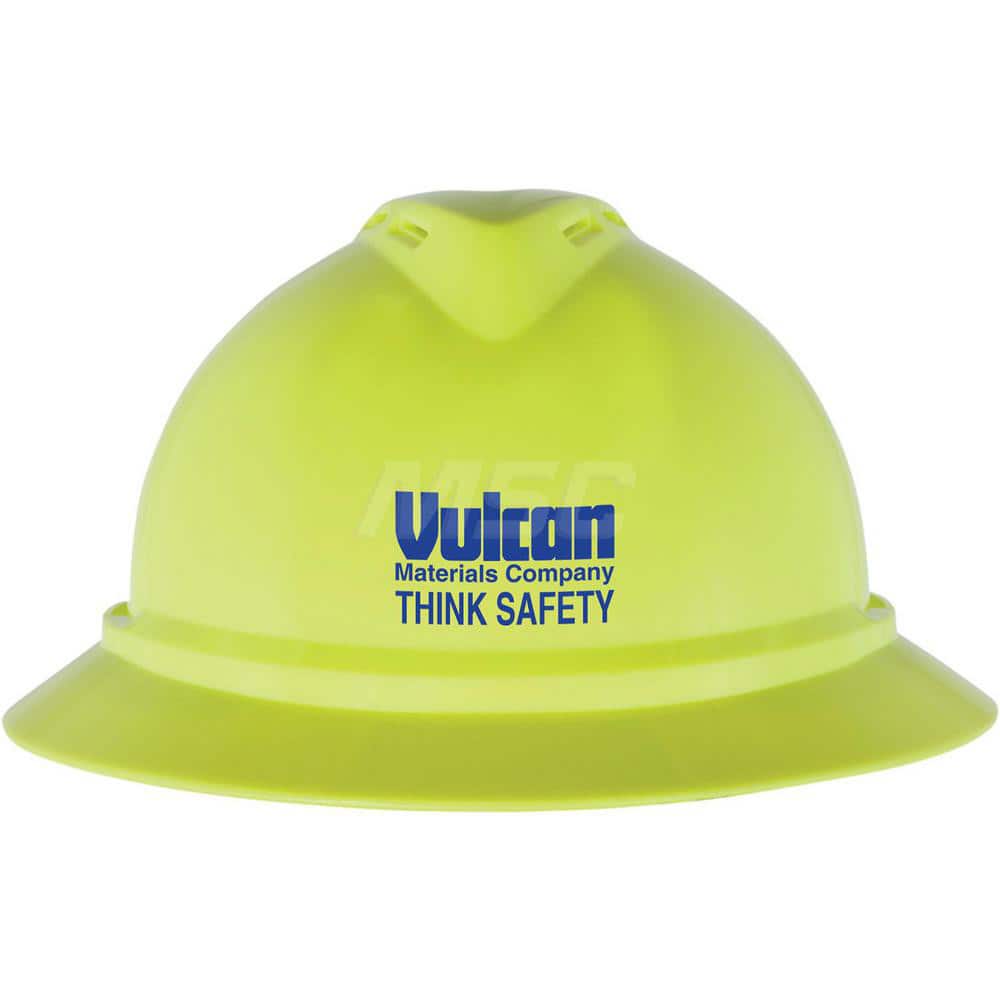 Hard Hat: Impact Resistant & High Visibility, Full Brim, Class E, 4-Point Suspension - Green;Yellow, Polyethylene, Vented