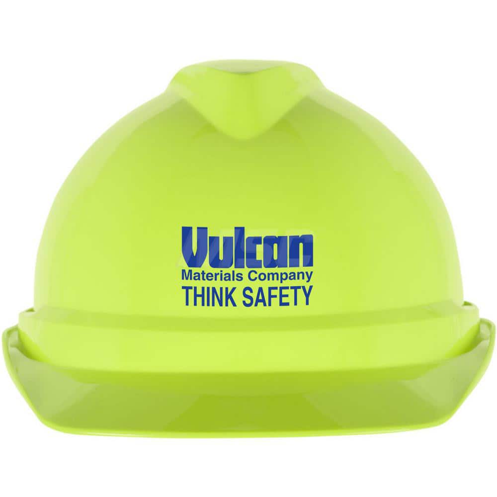 Hard Hat: High Visibility, Heat Protection & Water Resistant, Front Brim, Class C, 4-Point Suspension Yellow, Polyethylene, Vented, Slotted