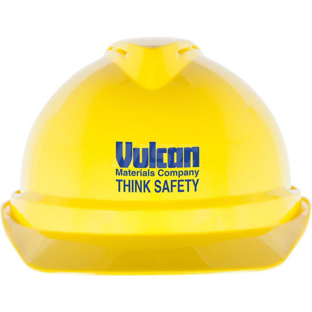 Hard Hat: High Visibility, Heat Protection & Water Resistant, Front Brim, Class C, 4-Point Suspension Yellow, Polyethylene, Vented, Slotted