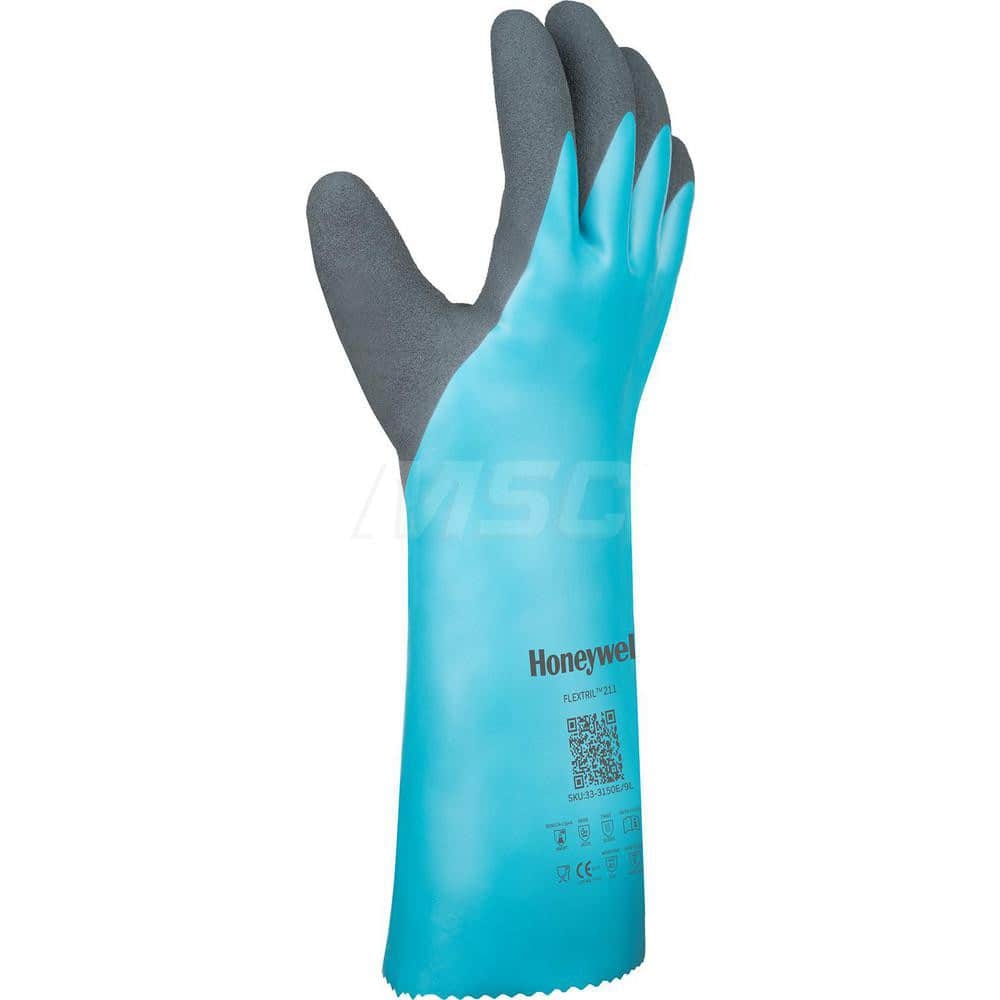 Chemical Resistant Gloves: Large, 18 mil Thick, Nitrile-Coated, Nitrile, Supported Aqua, 13.77'' OAL, Soft Textured, FDA Approved, ANSI Cut A1