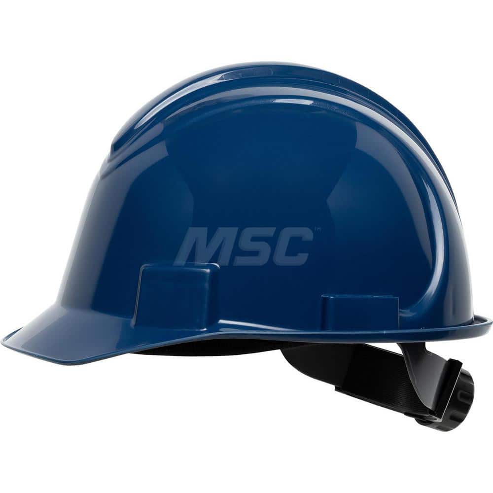 Hard Hat: Impact Resistant, Short Brim, Class E, 4-Point Suspension Blue, HDPE