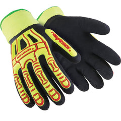 Cut & Puncture-Resistant Gloves: Size M, ANSI Cut A6, ANSI Puncture 4, Sandy Nitrile, Acrylic & Fiberglass Blend High-Visibility Yellow, Red & Black, Full Coated, Sandy Grip