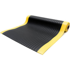 Anti-Fatigue Mat: 5' Length, 3' Wide, 3/8″ Thick, Vinyl, Beveled Edge, Light-Duty Ribbed, Black & Yellow, Dry