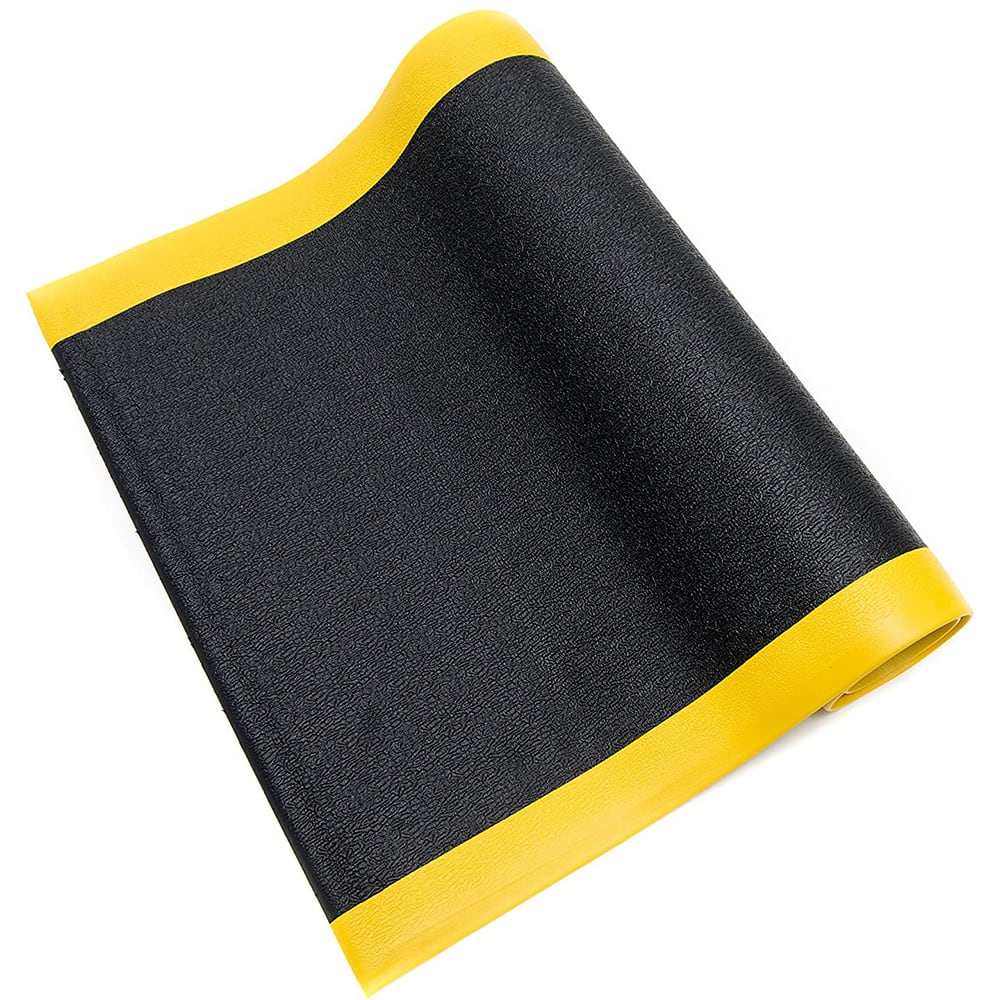 Anti-Fatigue Mat: 5' Length, 3' Wide, 5/8″ Thick, Vinyl, Beveled Edge, Light-Duty Textured, Black & Yellow, Dry