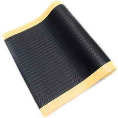 Anti-Fatigue Mat: 12' Length, 3' Wide, 5/8″ Thick, Vinyl, Beveled Edge, Light-Duty Ribbed, Black & Yellow, Dry