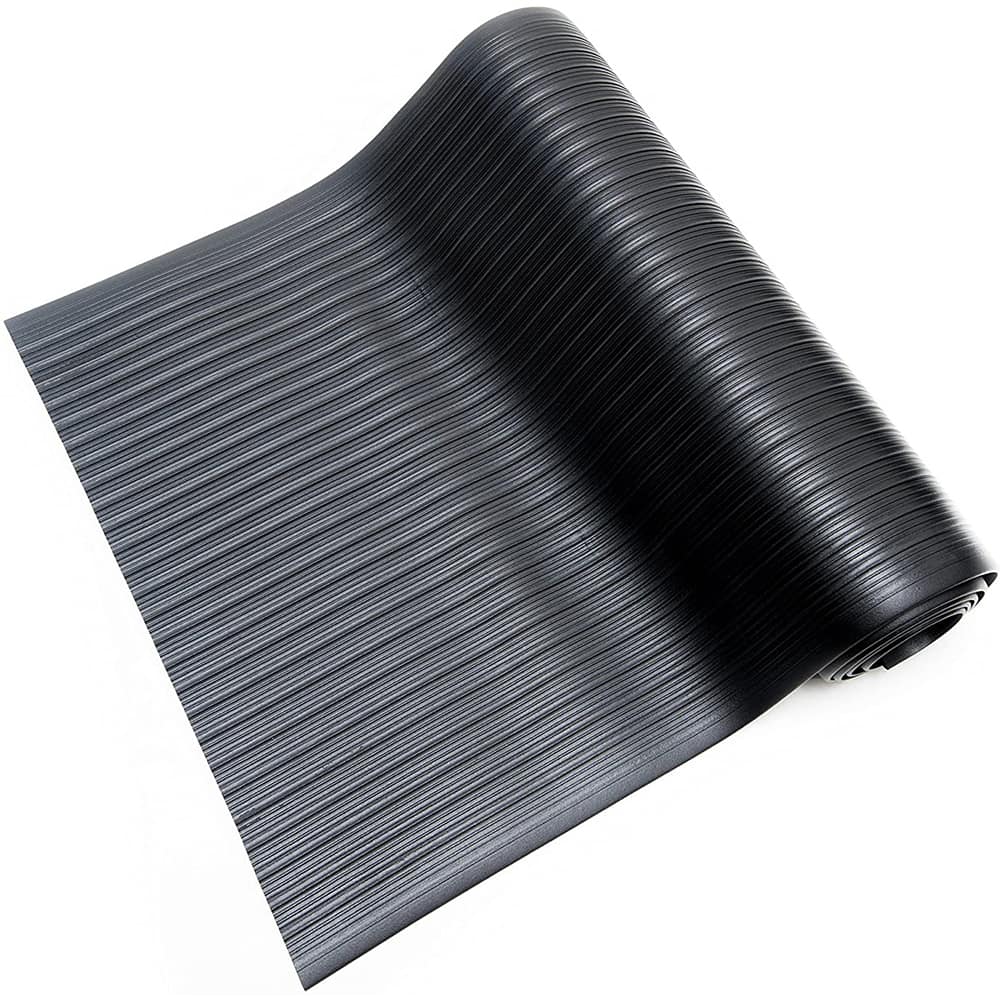 Anti-Fatigue Mat: 15' Length, 3' Wide, 3/8″ Thick, Vinyl, Beveled Edge, Light-Duty Ribbed, Black, Dry