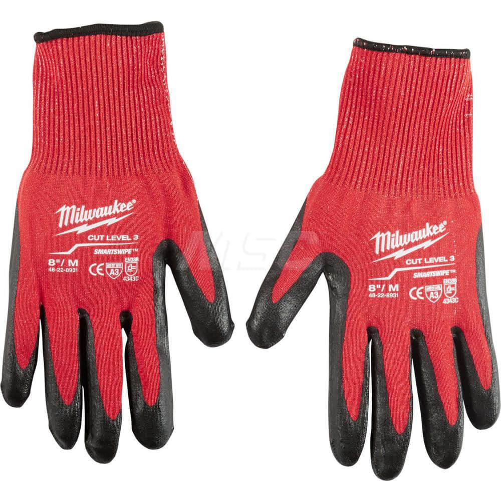 Cut, Puncture & Abrasive-Resistant Gloves: Size M, ANSI Cut A3, ANSI Puncture 0, Nitrile, Nylon Red, Palm & Fingers Coated, Nitrile Lined, Nylon Back, Smooth Grip, ANSI Abrasion 0