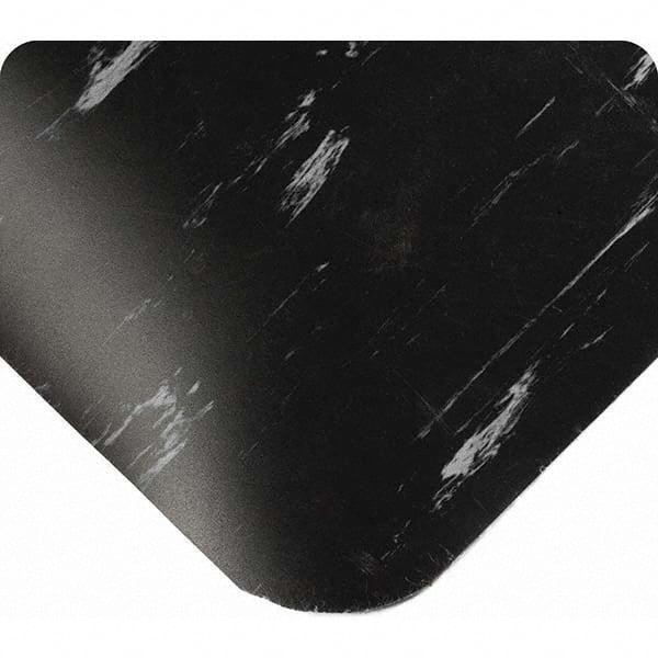 Anti-Fatigue Mat: 55' Length, 4' Wide, 7/8″ Thick, Vinyl, Beveled Edge, Heavy-Duty Marbled, Black, Dry