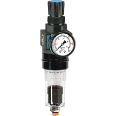 FRL Combination Unit: 1/8 NPT, Miniature with Pressure Gauge 64.97 SCFM, 145 Max psi, Polycarbonate Bowl, Automatic Drain