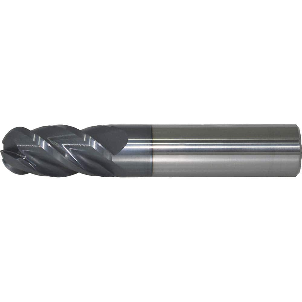 Ball End Mill: 0.125″ Dia, 0.25″ LOC, 4 Flute, Solid Carbide 1-1/2″ OAL, 1/8″ Shank Dia, 40 ° Helix, AlTiN Coated, Single End