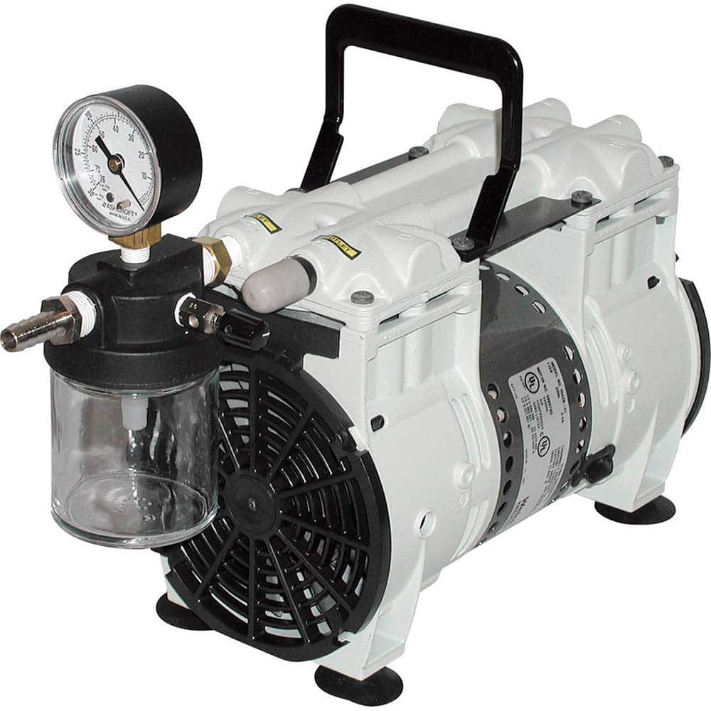 Welch - Piston-Type Vacuum Pumps; Horsepower: 0.125 ; Cubic Feet per Minute: 1.20 ; Vacuum Pressure (In/Hg): 5.00 ; Voltage: 230V ; Height (Inch): 10 ; Length (Inch): 8.1 - Exact Industrial Supply