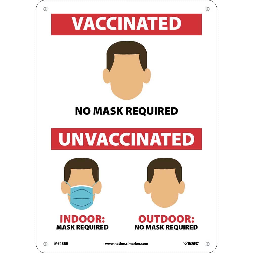NMC - Safety Signs; Message Type: COVID-19 ; Message or Graphic: Message & Graphic ; Sign Header: COVID-19 ; Legend: CHARACTERS, VACCINATED NO MASK REQUIRED, UNVACCINATED INDOOR: MASK REQUIRED, OUTDOOR: NO MASK REQUIRED ; Language: English ; Material: Pl - Exact Industrial Supply